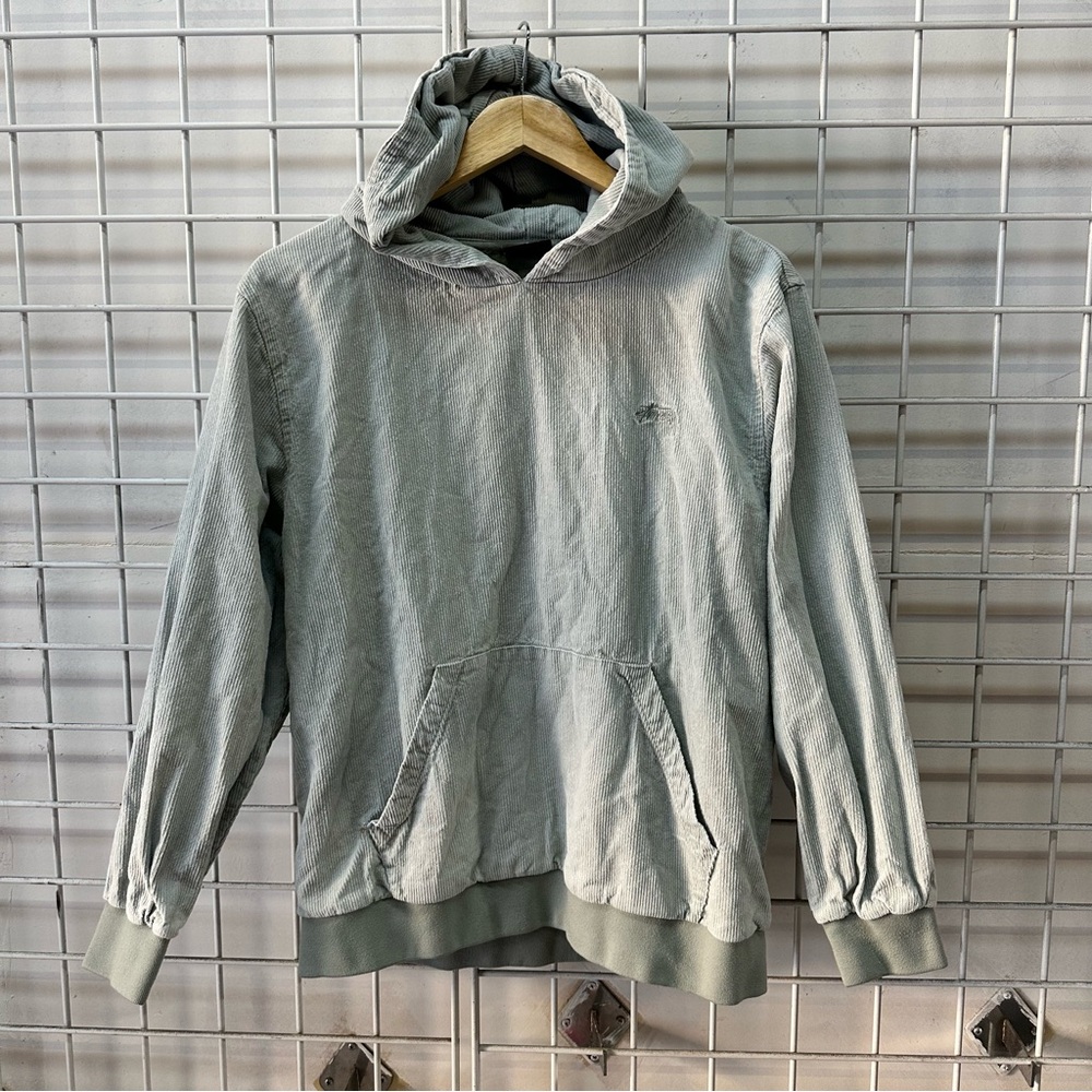 Stussy Womens L Montana Cord Hoodie Pullover Sweatshirt Sage Green Pocket Ribbed